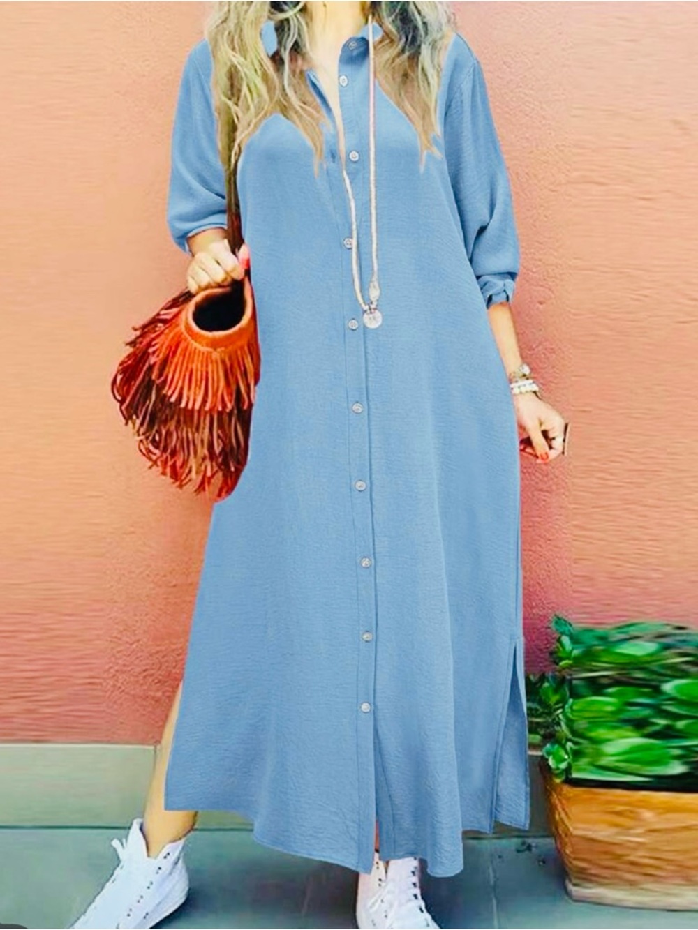 Zara Light Blue Button-Down Maxi Shirt Dress